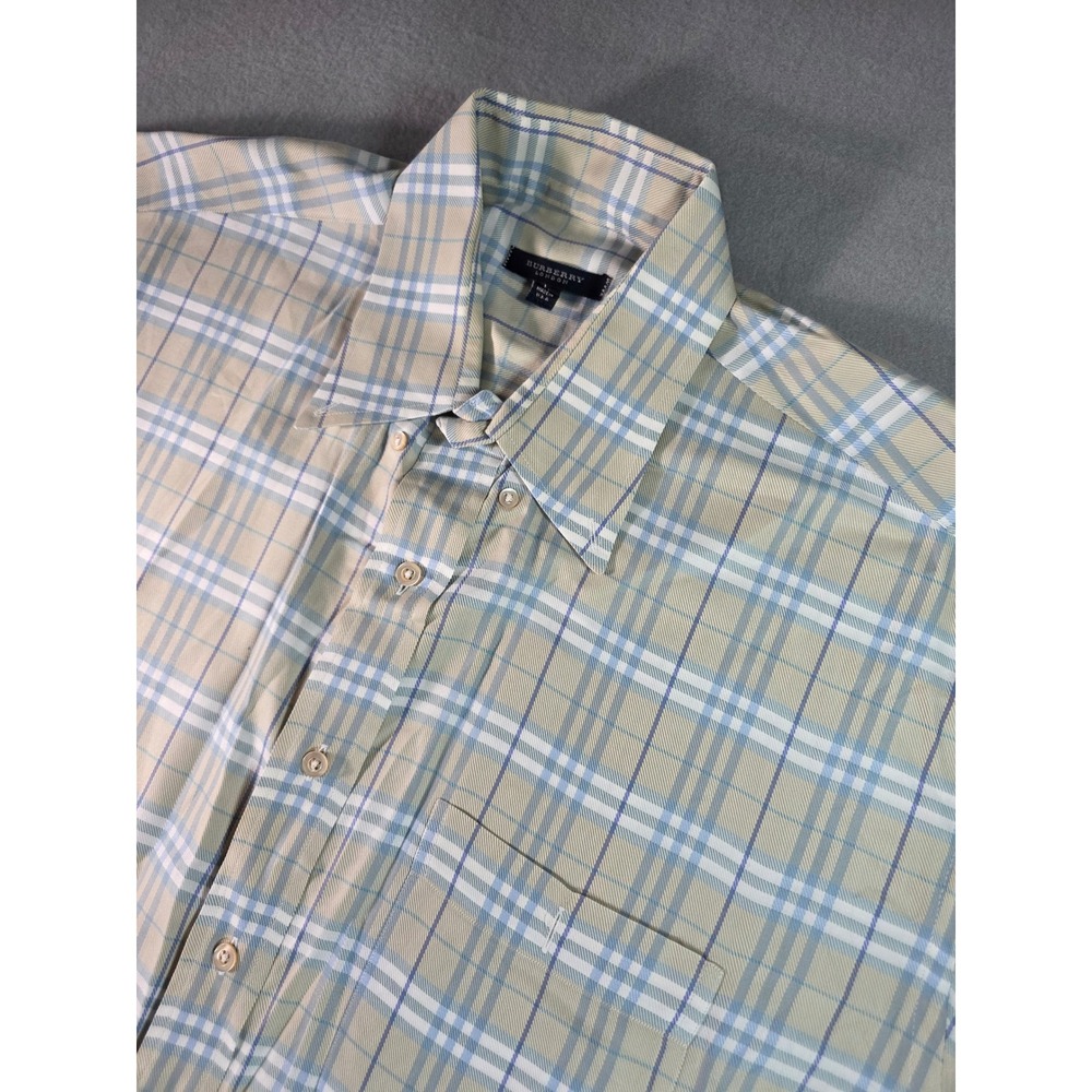 Burberry London Mens L Short Sleeve Nova Check Button Down Shirt Blue Tan USA
